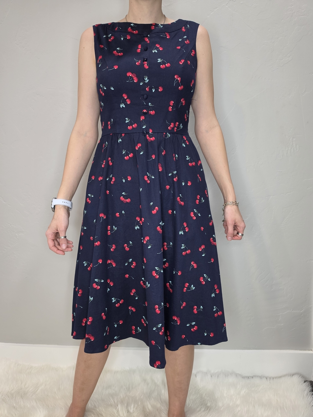 Navy Cherry Print Sleeveless Fit & Flare Dress